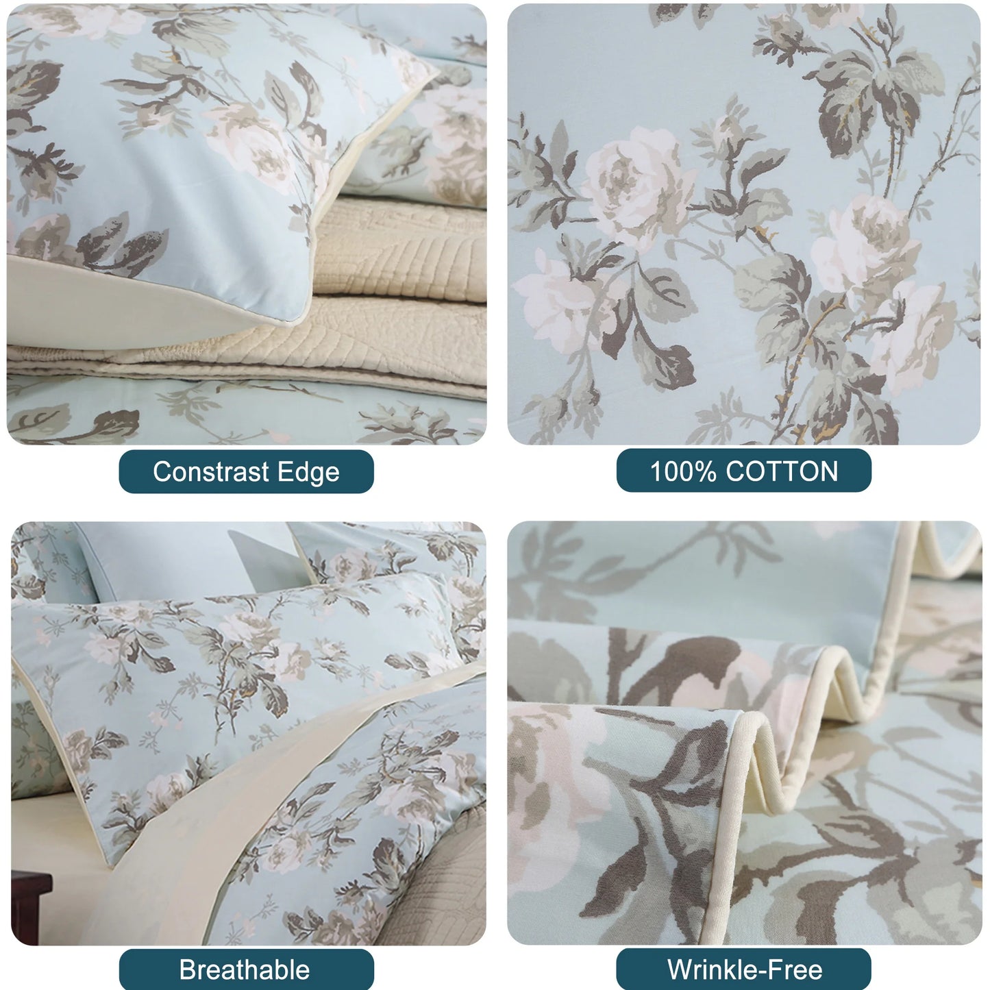 3pcs 600TC 100% Egyptian Cotton Duvet Cover Set, Vintage Blue Gray Floral, Soft Breathable Skin-Friendly (No Inserts) - Happy Home Retreat