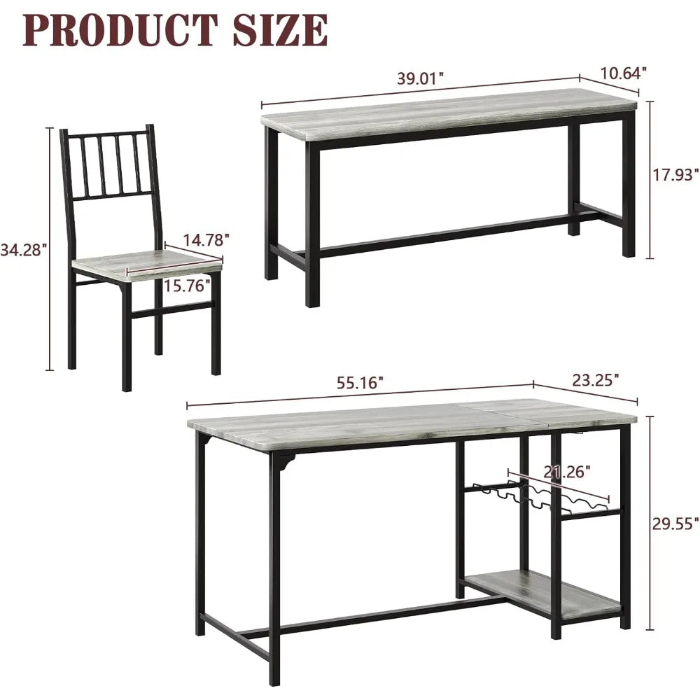 Rustic Grey 55 Inch Dining Table Set For 4 With Wine Rack - Happy Home Retreat