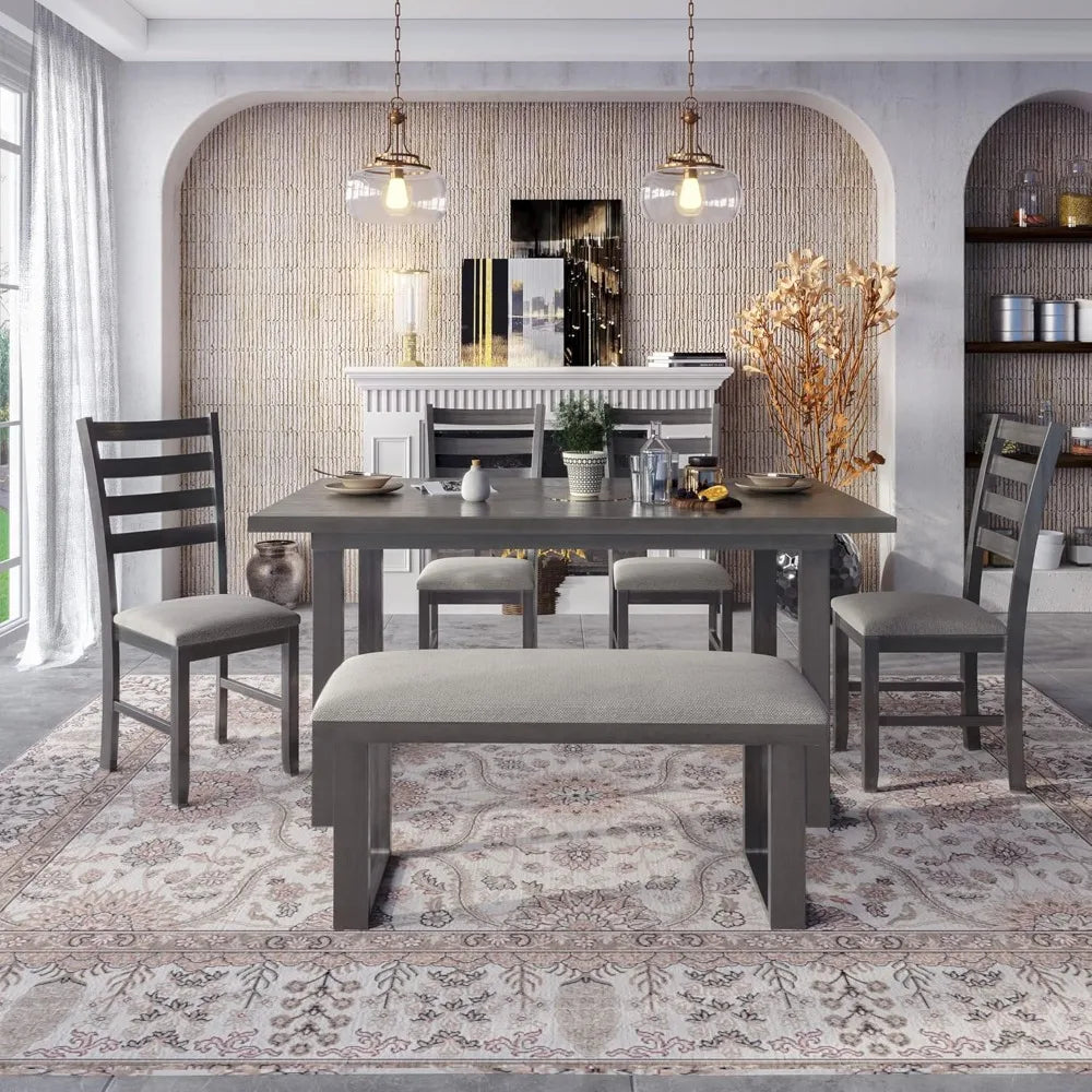 MKDK 6 Piece Dining Table Set Gray Upholstered Table With 4 Chairs And Bench - Happy Home Retreat