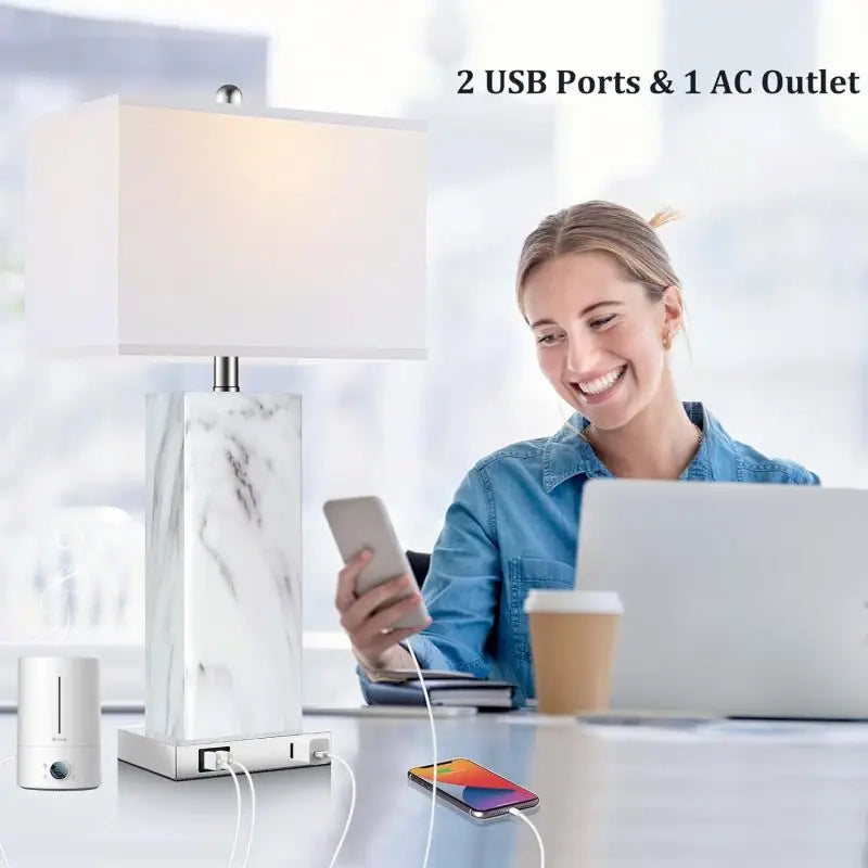 Touch Control Table Lamps Set Of 2 Modern Ceramic Bedside Lamps With 2 USB Ports - Happy Home Retreat