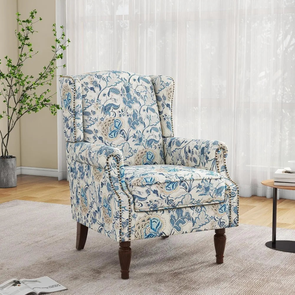Floral Boho Wingback Blue Accent Chair With Nailhead Trim - Happy Home Retreat