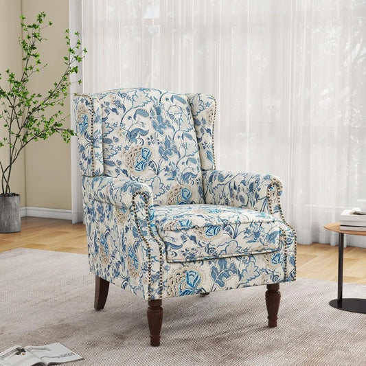 Floral Boho Wingback Blue Accent Chair With Nailhead Trim - Happy Home Retreat