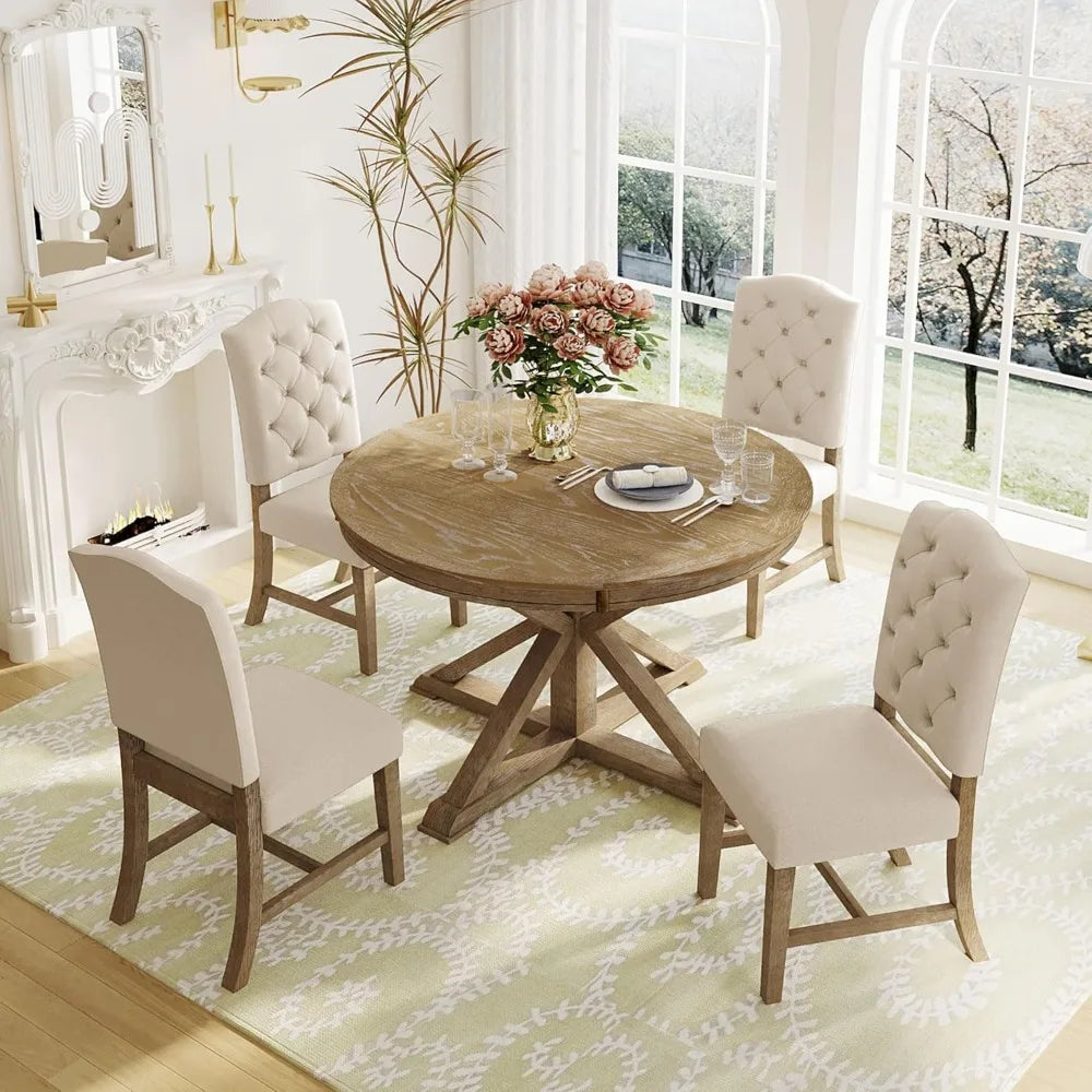 Extendable Dining Table Set for 4 with Upholstered Chairs Solid Wood Farmhouse Kitchen Furniture - Happy Home Retreat