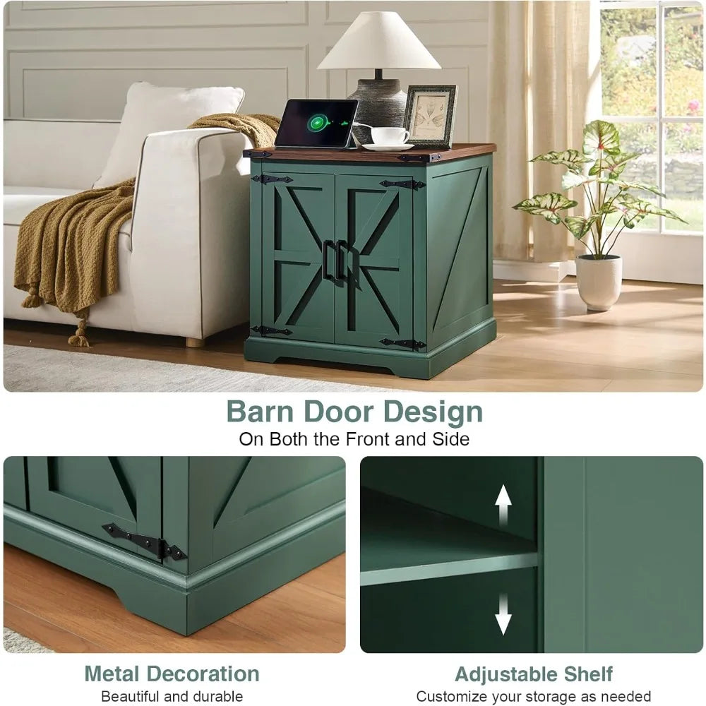Farmhouse End Table With Charging Station Barn Door 24in - Happy Home Retreat