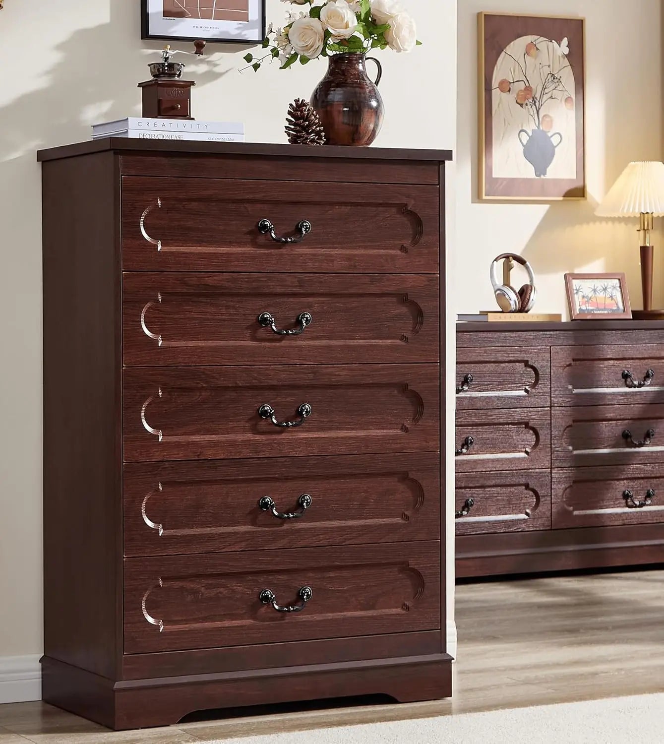 Farmhouse Cherry Wood Dresser Chest Of Drawers For Bedroom Rustic Wide Drawers - Happy Home Retreat