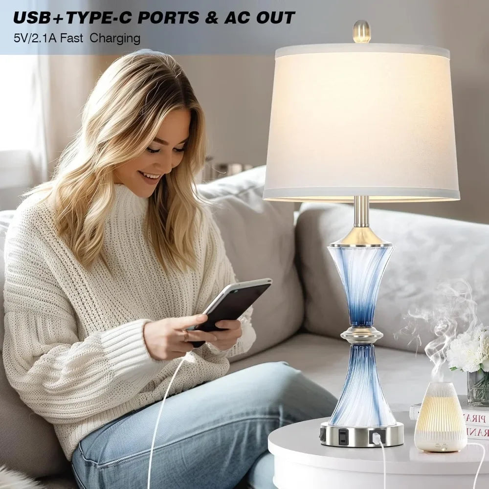 Customizable Blue Glass Table Lamp Set Of 2 With USB C And A Ports And AC Outlet - Happy Home Retreat