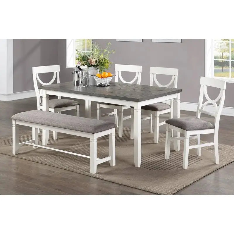 White 6 Piece Dining Set Table Four Side Chairs And Bench Rubberwood MDF - Happy Home Retreat