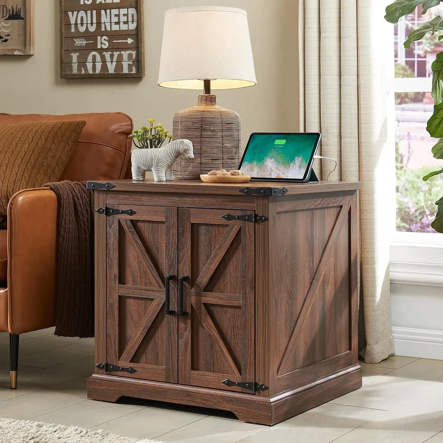 Farmhouse End Table With Charging Station Barn Door 24in - Happy Home Retreat