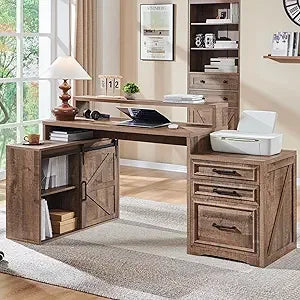 Home Office Desk Modern Farmhouse Computer Desk with File Cabinet 67 Inch Off White - Happy Home Retreat