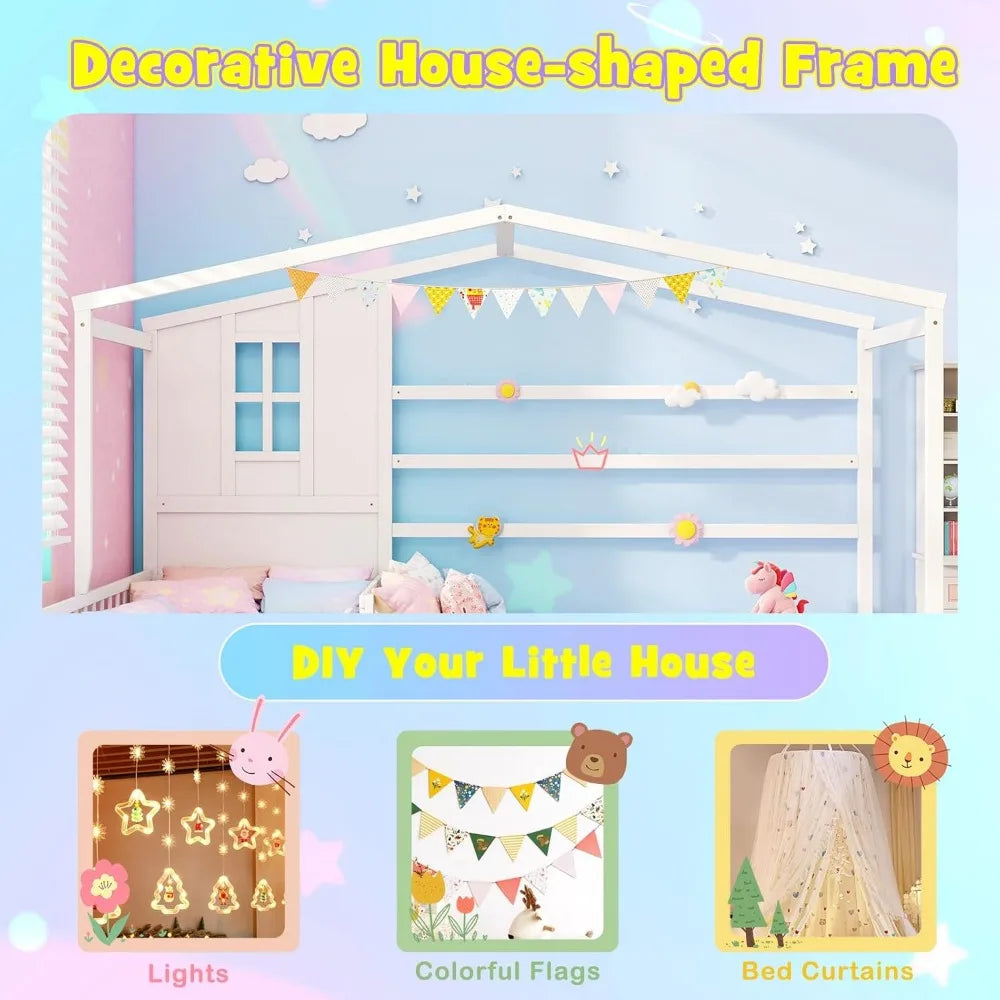 L Shaped Twin Bed For Kids Wooden House Platform Bed With Window Roof Montessori - Happy Home Retreat