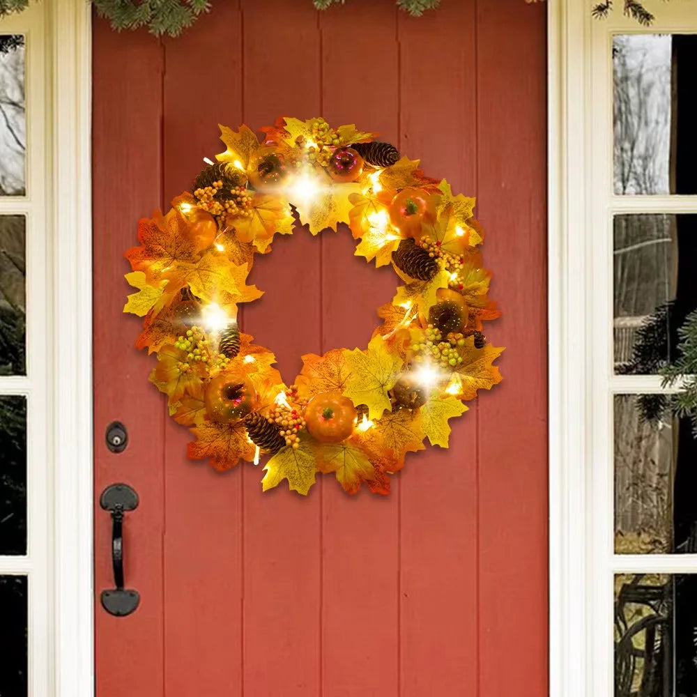 Fall Pumpkin Berry Maple Leaf Wreath 45cm Front Door Decor - Happy Home Retreat