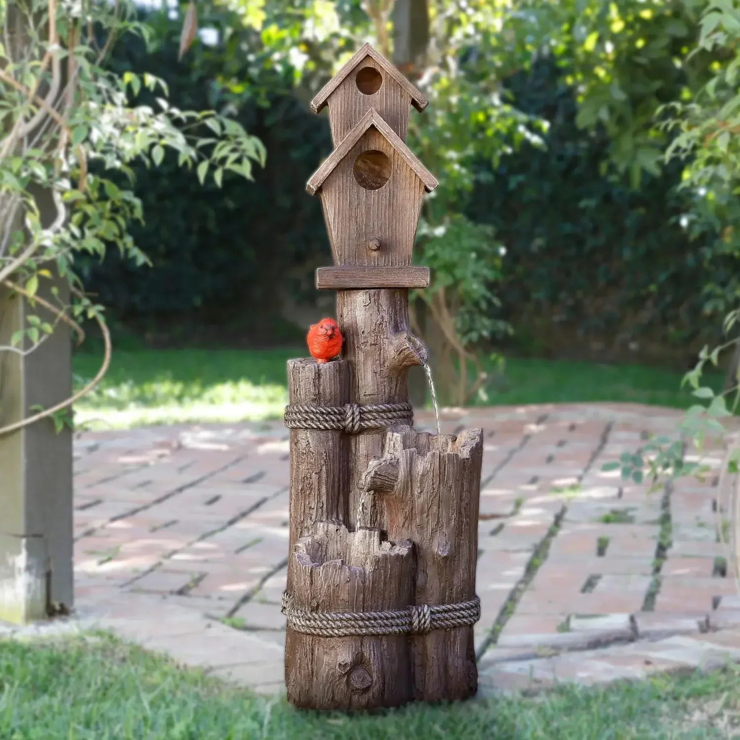 35 Inch Tall Outdoor 3 Tier Birdhouse Water Fountain Yard Art Decor - Happy Home Retreat