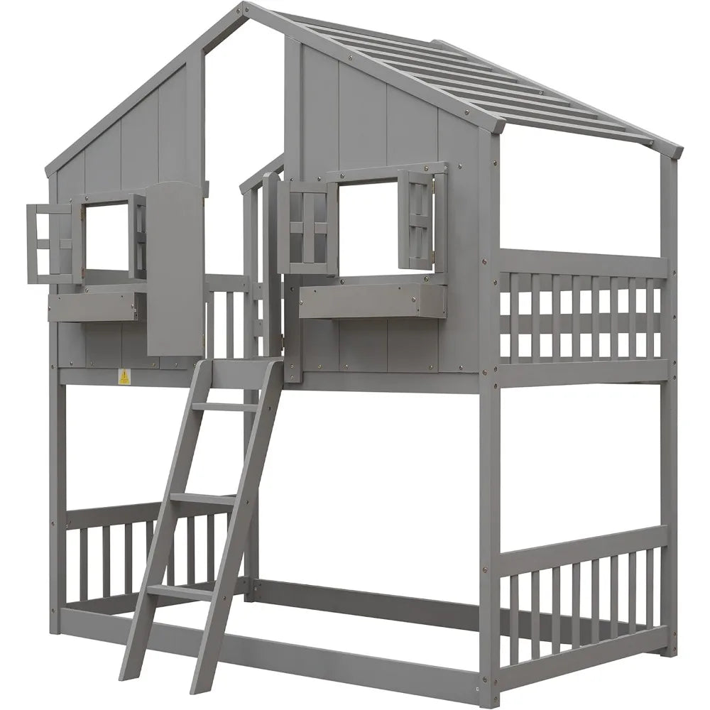 House Bunk Bed Twin Over Twin Wood Bunk Beds with Windows Window Box and Small Door Floor Bunk Beds with Ladder and Guard Rails - Happy Home Retreat