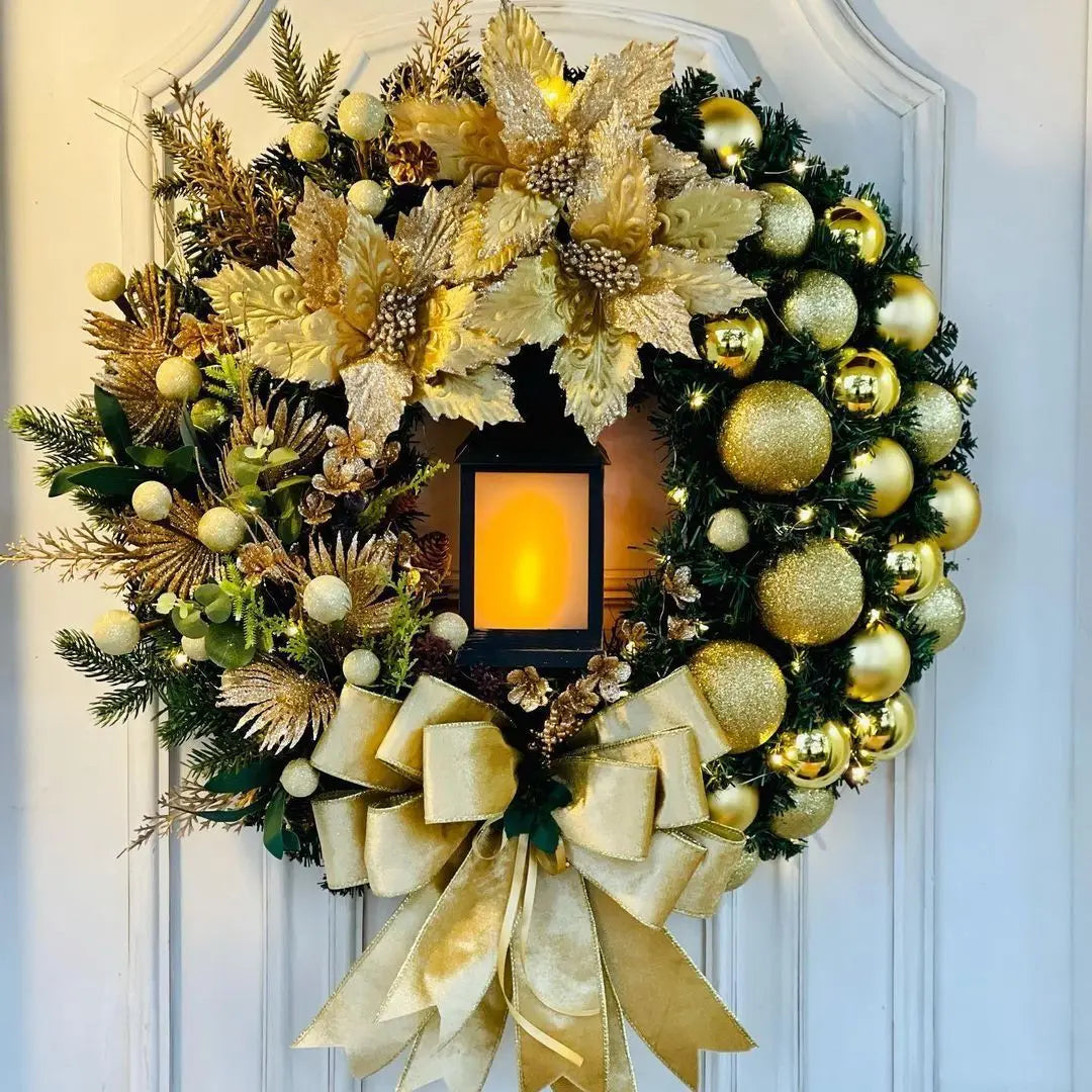 45cm Christmas Golden Wreath With Lamp Front Door Decor - Happy Home Retreat