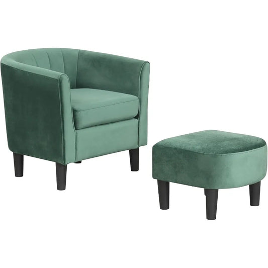 Modern Accent Chair With Ottoman In Teddy Velvet Barrel Design And Curved Back