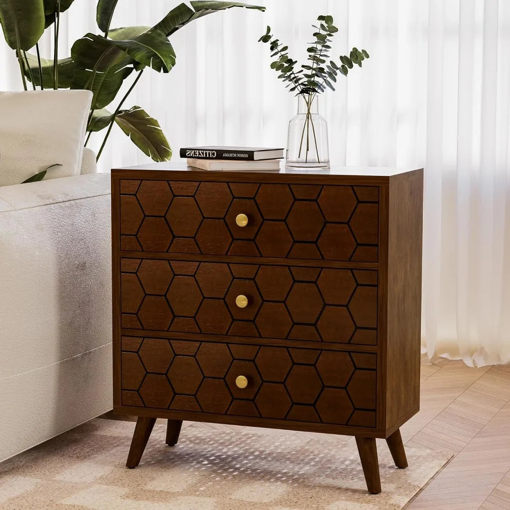 3 Drawer End Table Mid Century Chest of Drawers with Honeycomb Pattern Nightstand with Storage Drawers Wooden Dresser Nightstand - Happy Home Retreat