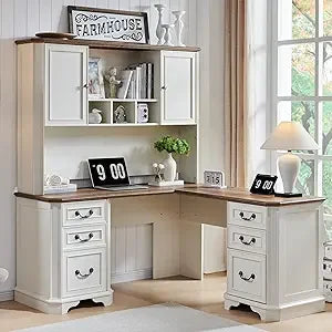 59 Inch L Shaped Executive Desk with Hutch Farmhouse Wood Computer Desk Featuring Charging Station File Drawer Storage Cabinet - Happy Home Retreat