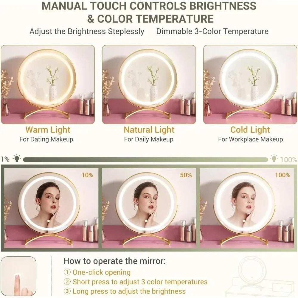 Pink Vanity Desk Set With Mirror And Lights 6 Drawers Cushioned Stool - Happy Home Retreat