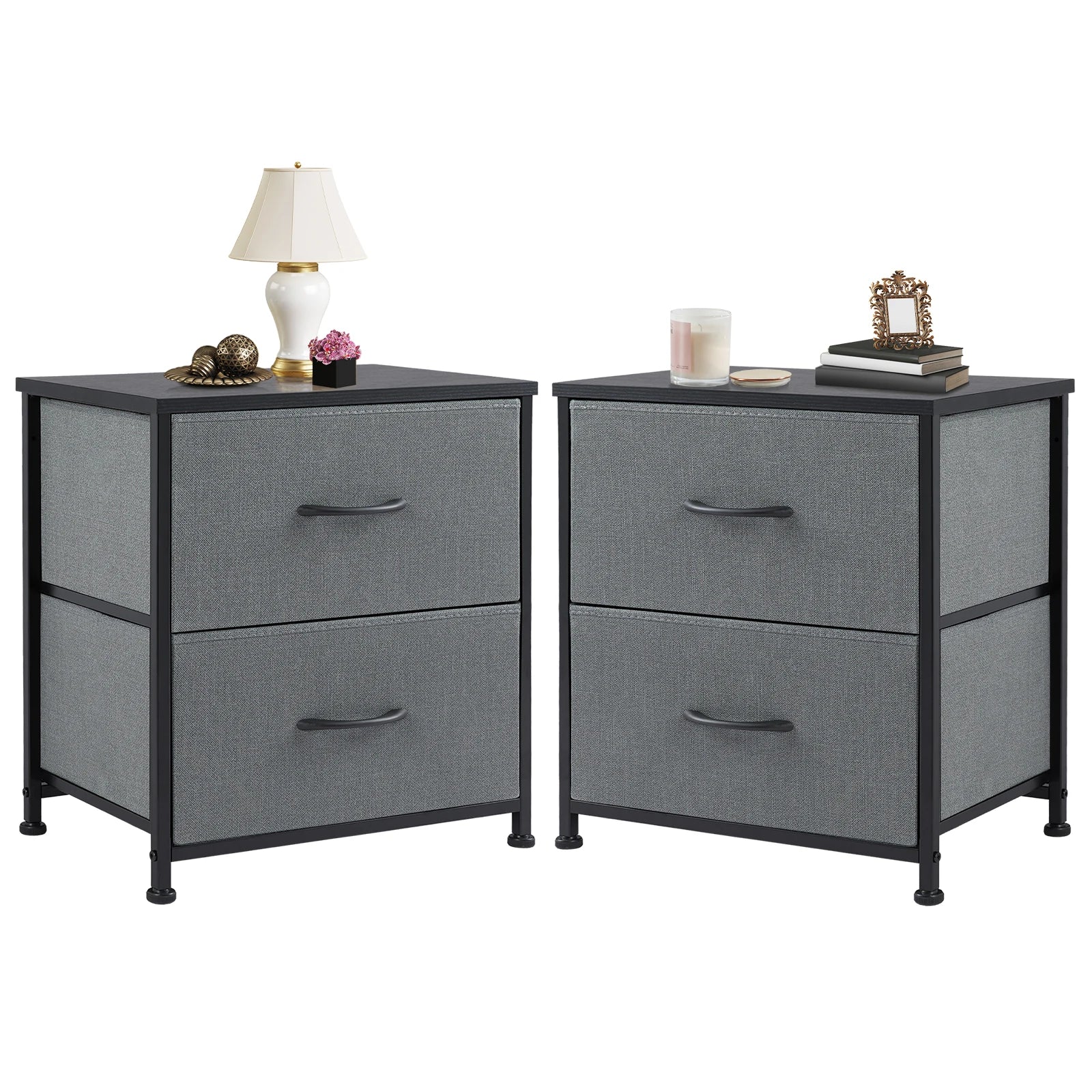 JHK Nightstand Bedside Table With Two Fabric Drawers For Bedroom Storage - Happy Home Retreat