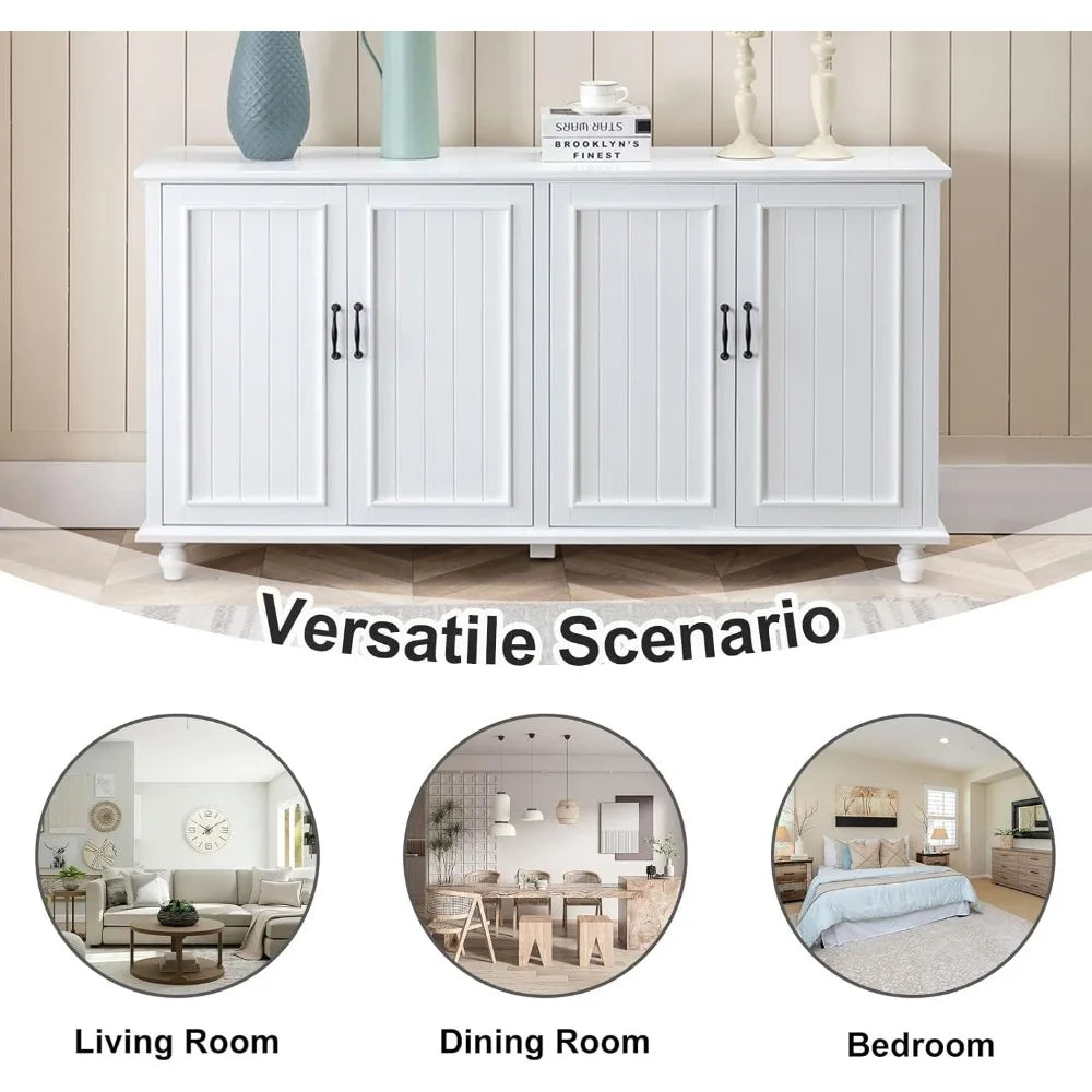 62 Inch Coffee Bar Cabinet Kitchen Buffet Storage Cabinet Modern White Sideboard with 4 Doors and 2 Drawers - Happy Home Retreat