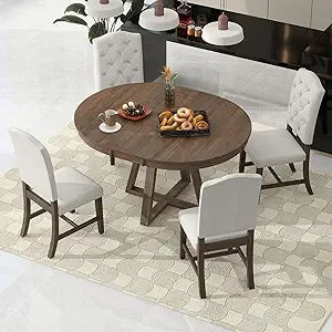 Extendable Dining Table Set for 4 with Upholstered Chairs Solid Wood Farmhouse Kitchen Furniture - Happy Home Retreat