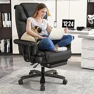 Big And Tall Office Chair 400LBS 160 Degree High Back Reclining Desk Chair With Wide Seat Arms And Footrest Black - Happy Home Retreat