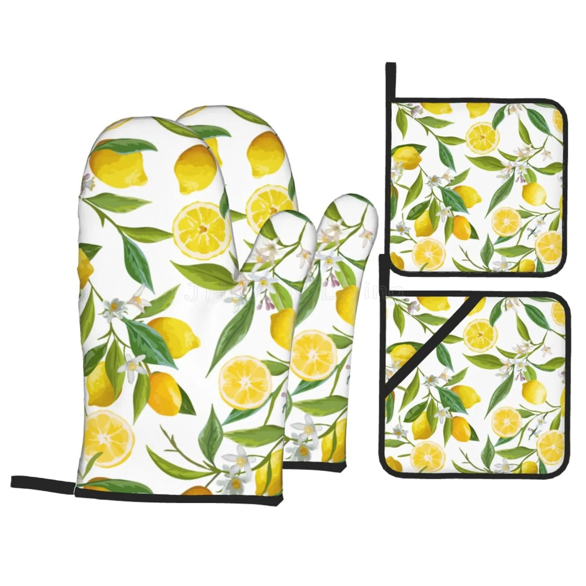 Bright Yellow Lemons Oven Mitts and Pot Holders Set of 4 Non-Slip Hot Pads for Cooking Baking Grilling - Happy Home Retreat