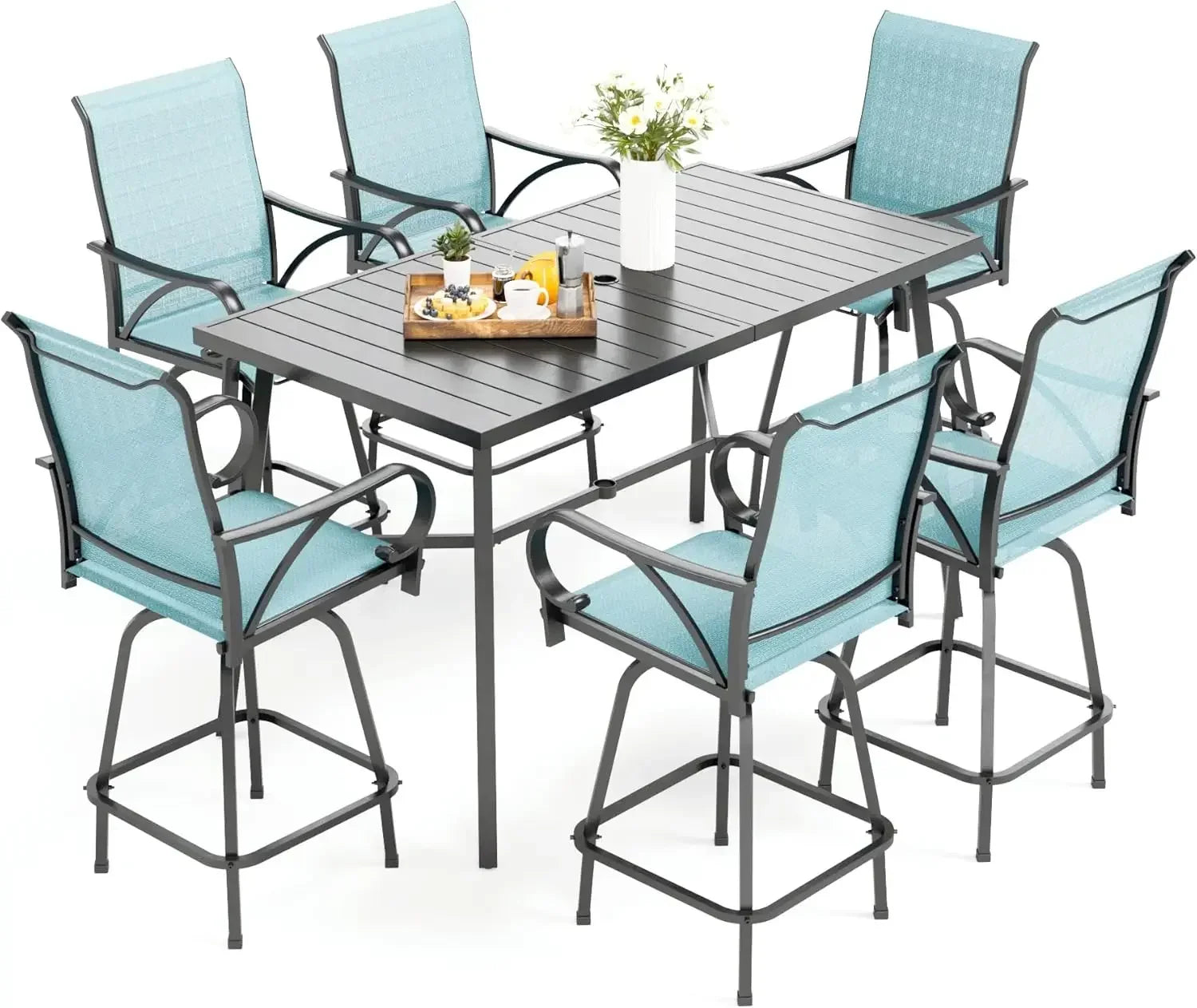 Patio Bar Set of 7 with Heavy Duty Metal Slat Bar Table and Sling Outdoor Bar Height Stools - Happy Home Retreat