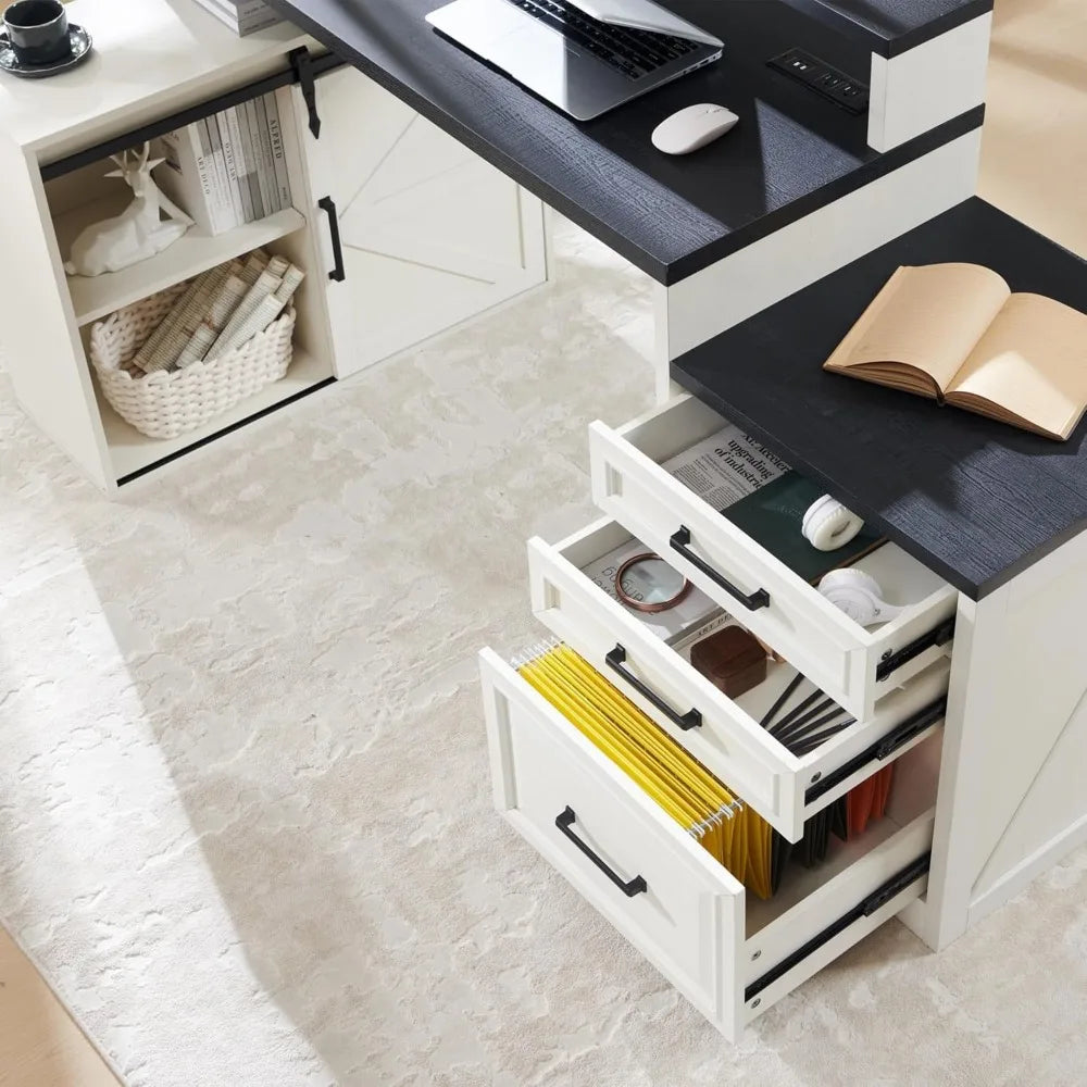 Home Office Desk Modern Farmhouse Computer Desk with File Cabinet 67 Inch Off White - Happy Home Retreat