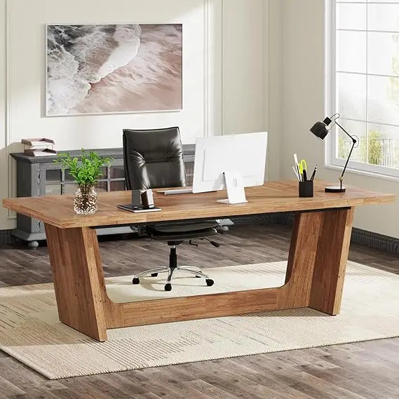 Walnut Wood Engineered Desk Executive Home Office With Industrial Style Pedestal - Happy Home Retreat