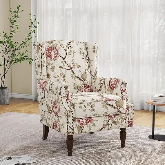 Floral Boho Wingback Blue Accent Chair With Nailhead Trim - Happy Home Retreat