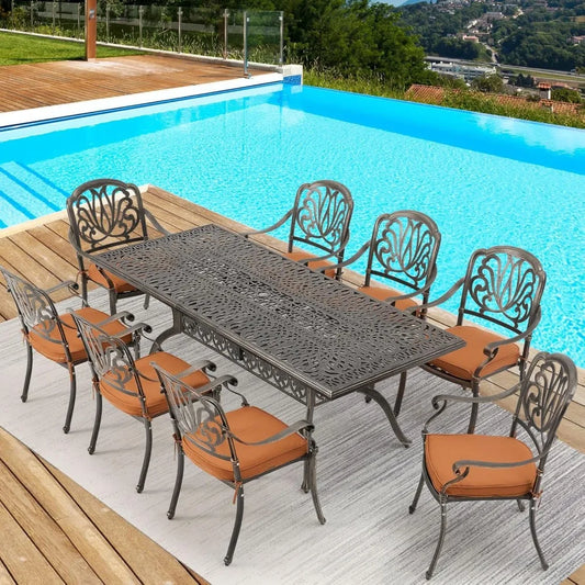 Hi End All Aluminum Patio Furniture Set 9 Piece Outdoor Dining Set with 8 Cushioned Dining Chairs Metal Patio Furniture Set - Happy Home Retreat