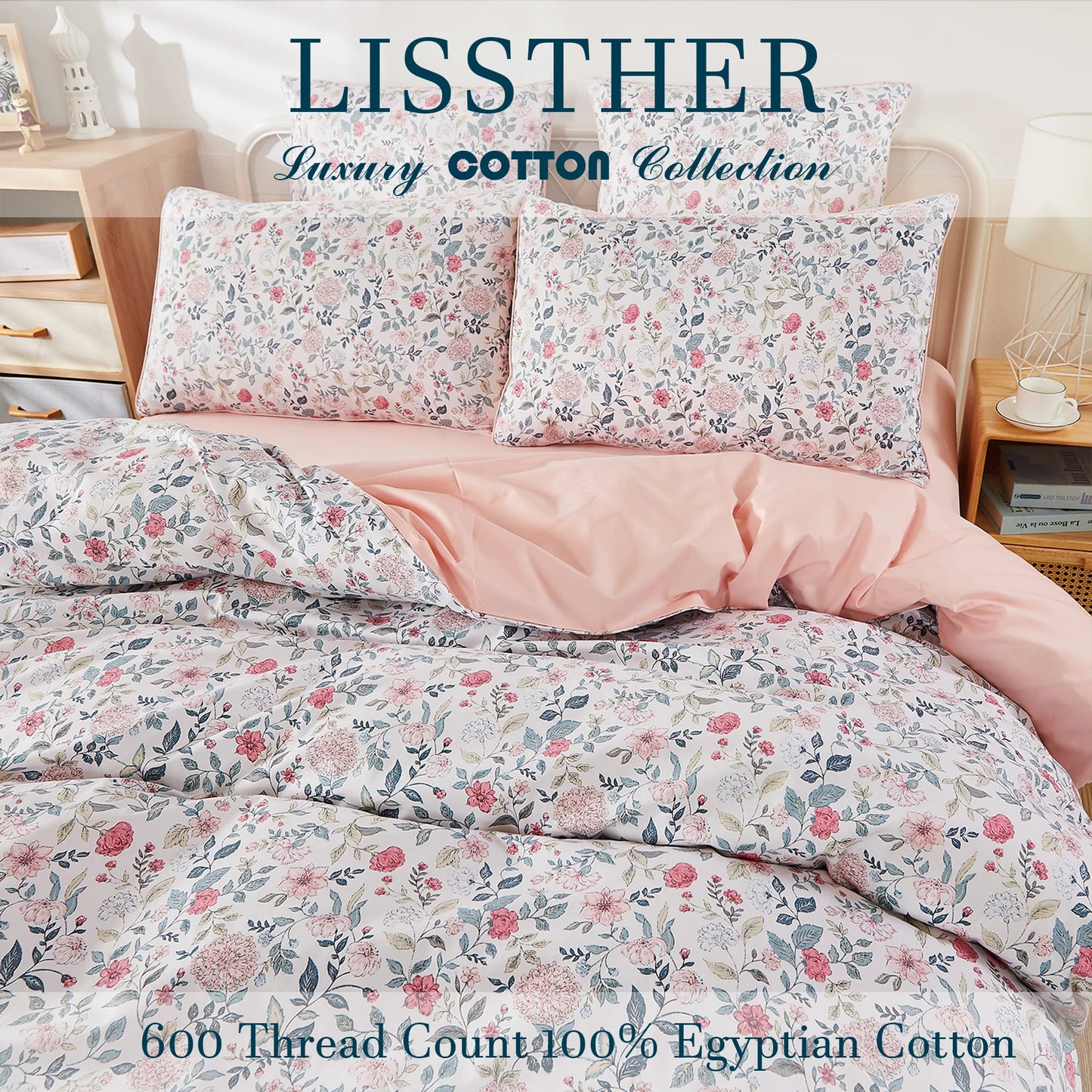 3pcs 600TC 100% Egyptian Cotton Duvet Cover Set, Luxury Vintage Shabby Chic Floral, Soft Skin-Friendly (No Inserts) - Happy Home Retreat