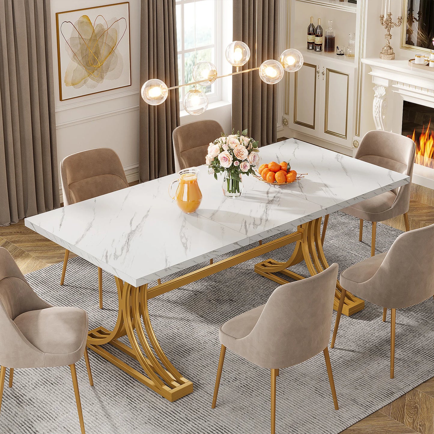 Tribesigns 63 Inch Rectangular Dining Table With Faux Marble Top White - Happy Home Retreat