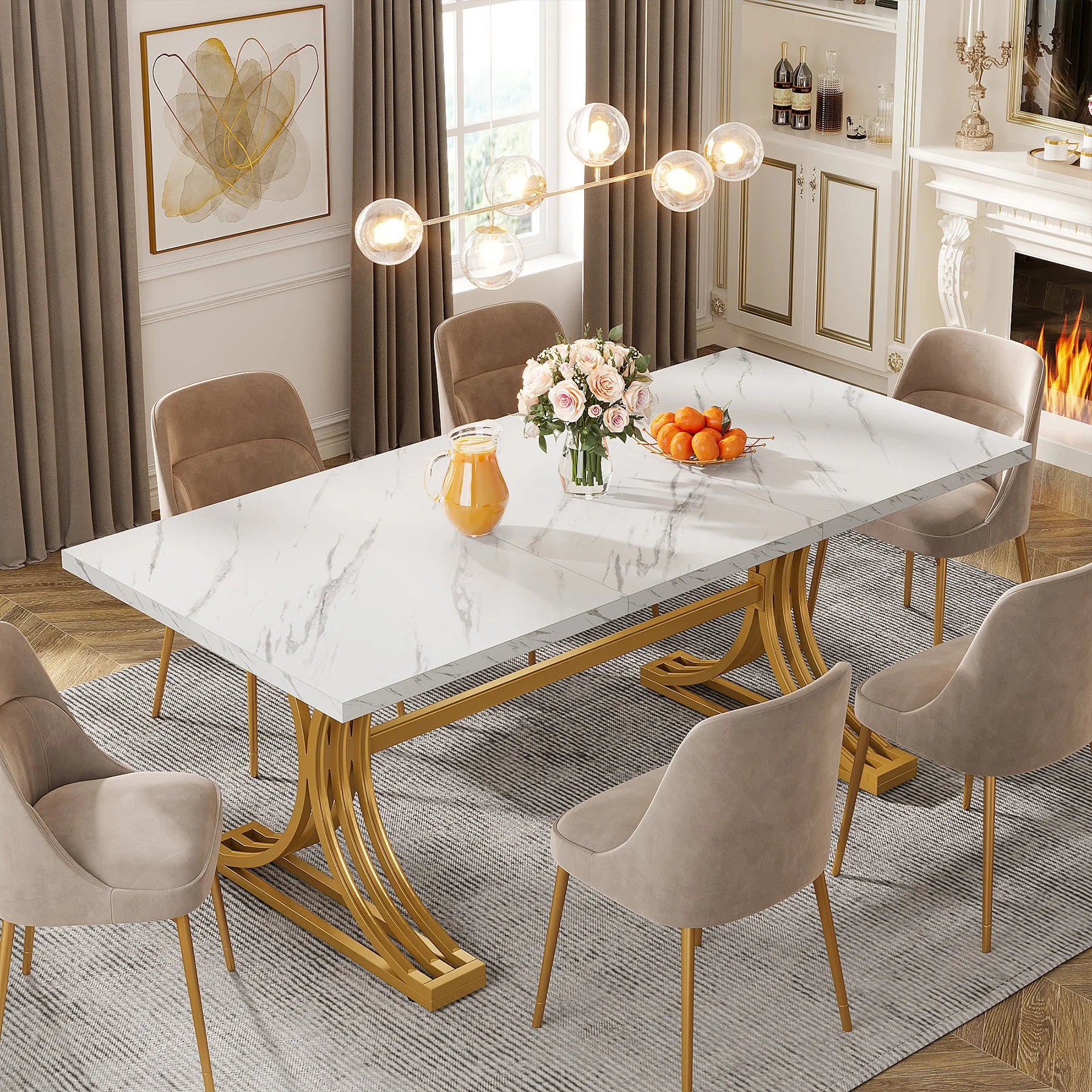 Tribesigns 63 Inch Rectangular Dining Table With Faux Marble Top White - Happy Home Retreat