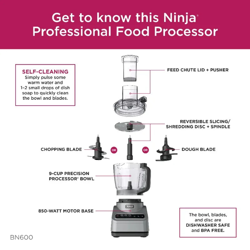Ninja Professional Food Processor, 850 Watts, 9-Cup Capacity, Auto-iQ Preset Programs, Silver - Happy Home Retreat