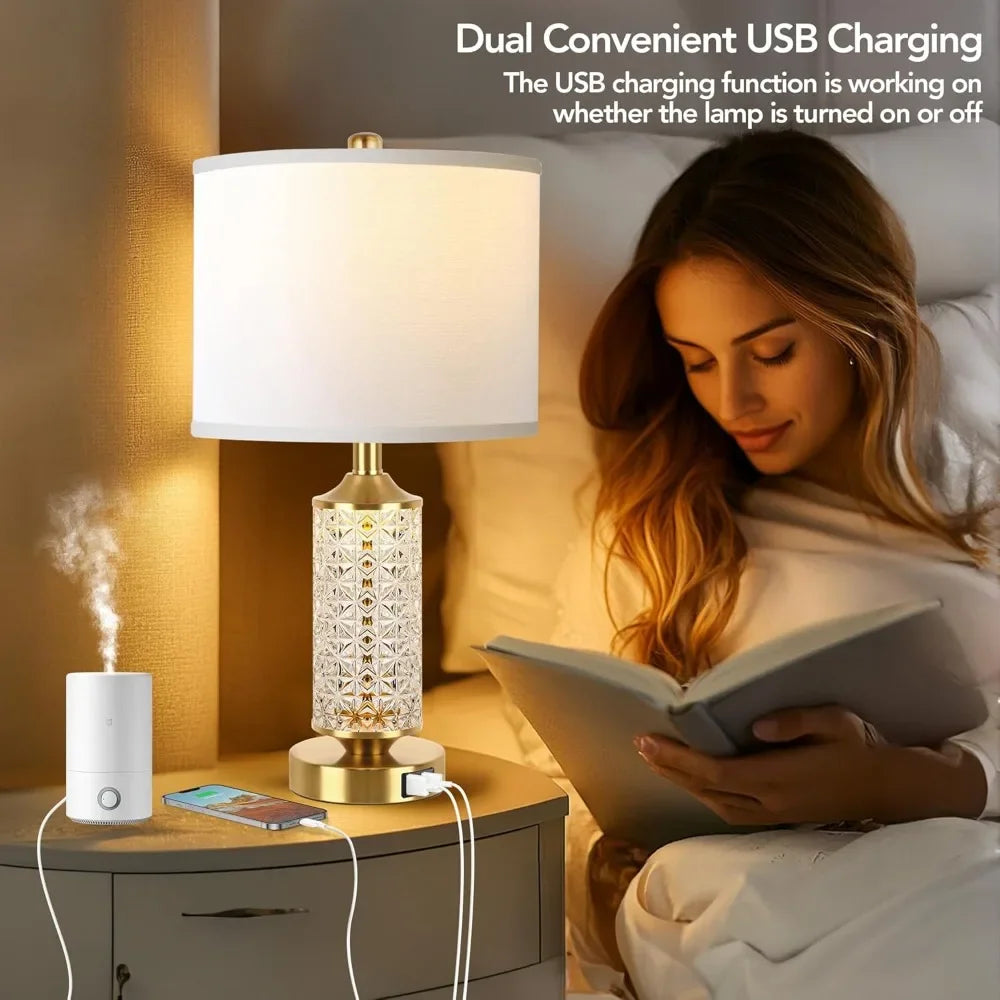 Set Of 2 Modern Table Lamps With USB Ports And Night Light For Bedroom - Happy Home Retreat