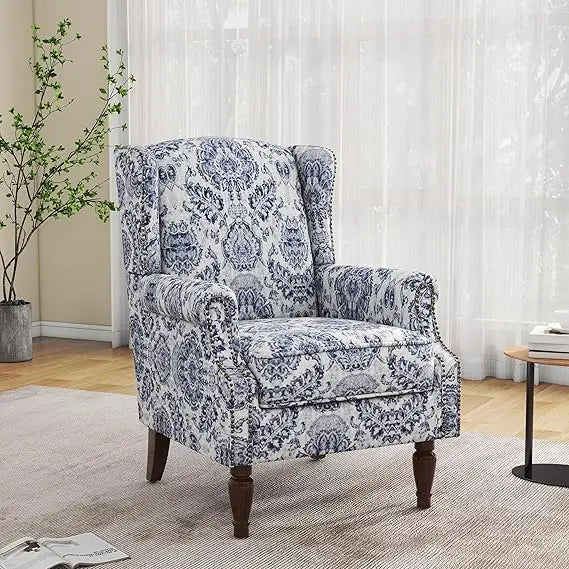 Floral Boho Wingback Blue Accent Chair With Nailhead Trim - Happy Home Retreat