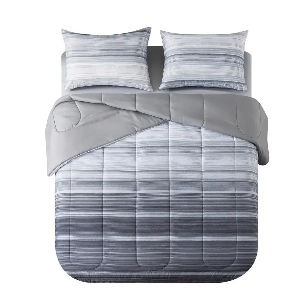 Grey Ombre Stripe Comforter Set Bed in a Bag Reversible Polyester King Twin Full Queen Soft Cozy Matching Pillow Shams Sheet - Happy Home Retreat