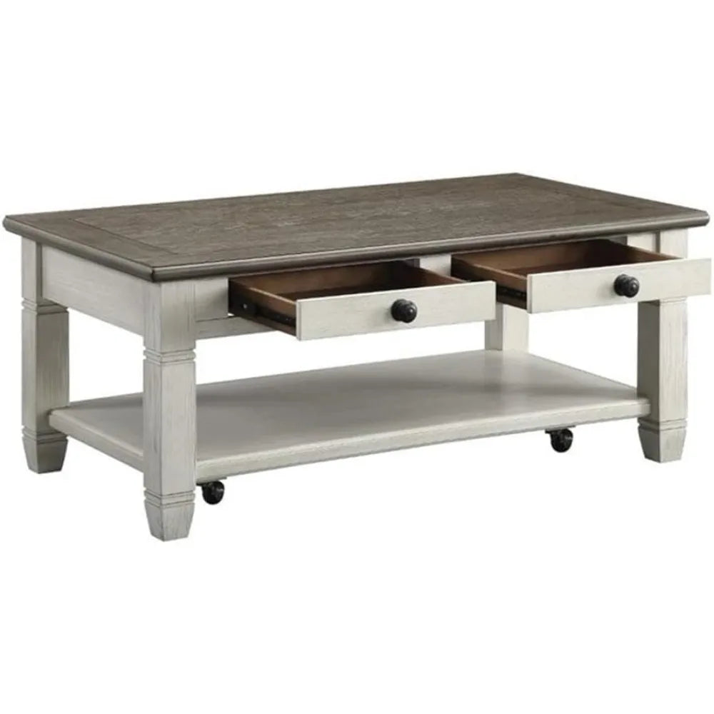 Granby Wood 2 Drawer Coffee Table in Antique White with Rosy Brown Finish - Happy Home Retreat