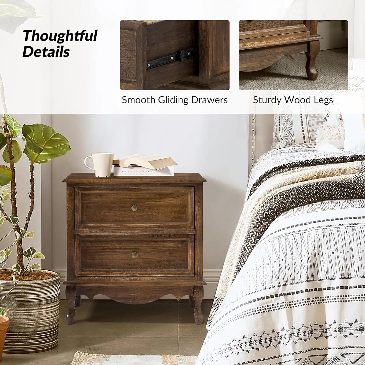 Solid Wood Nightstand With Charging Station Vintage Two Drawer Walnut - Happy Home Retreat