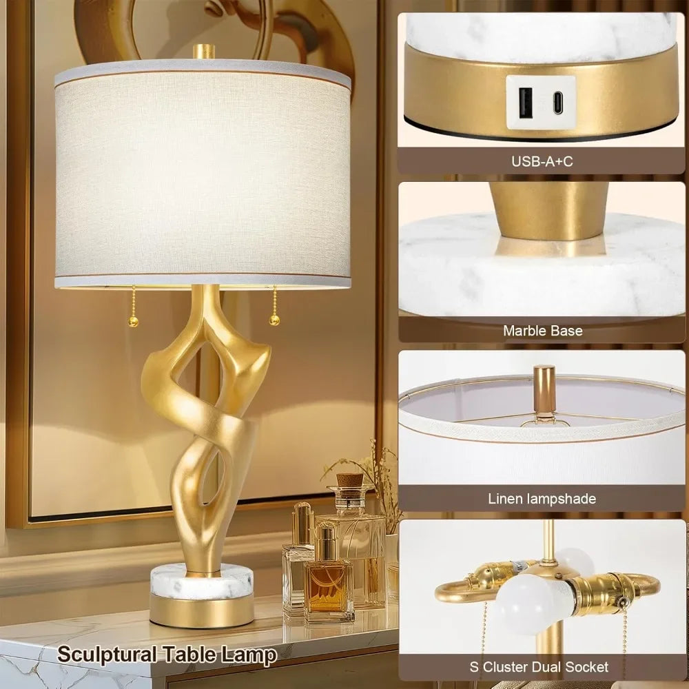 Sculptural Table Lamp Set Of 2 For Living Room Marble Bases USB Ports Rustic - Happy Home Retreat