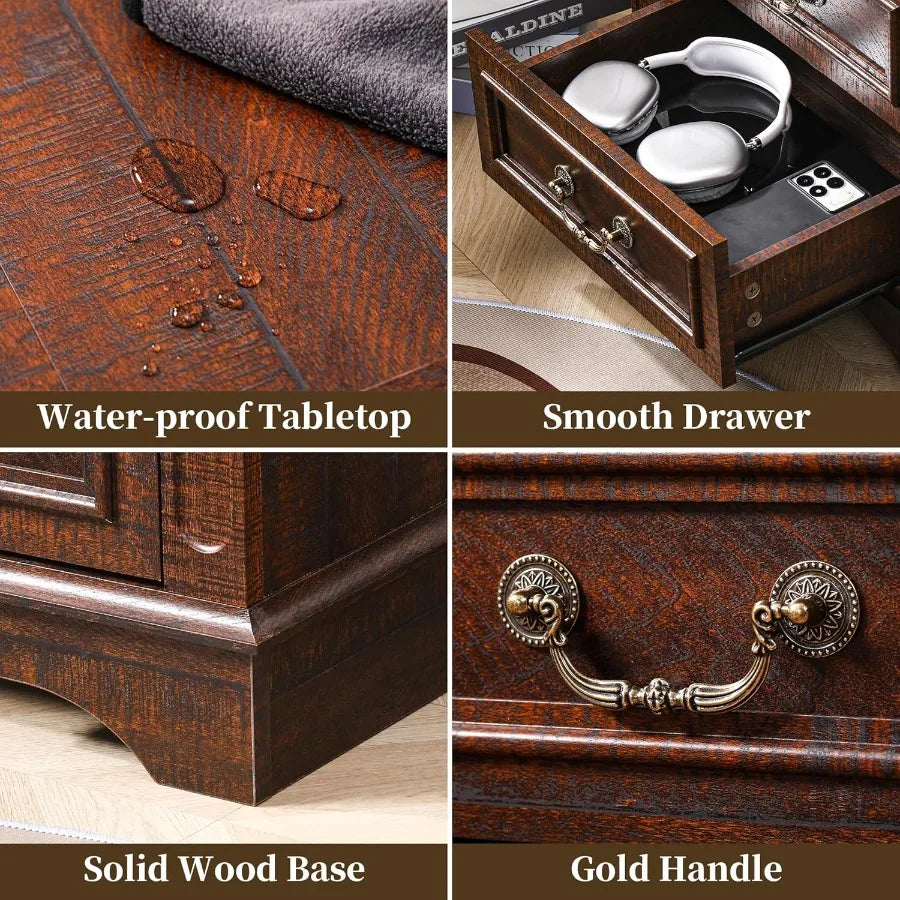 Dark Brown Wooden Bedside Table With Charging Station And 3 Drawers - Happy Home Retreat