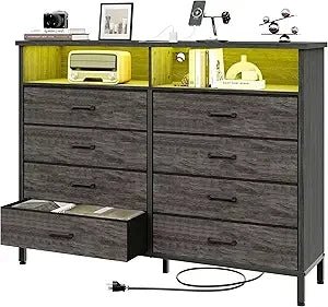 Pink Bedroom Dresser with LED Lights and Charging Station, 8 Fabric Drawers - Happy Home Retreat