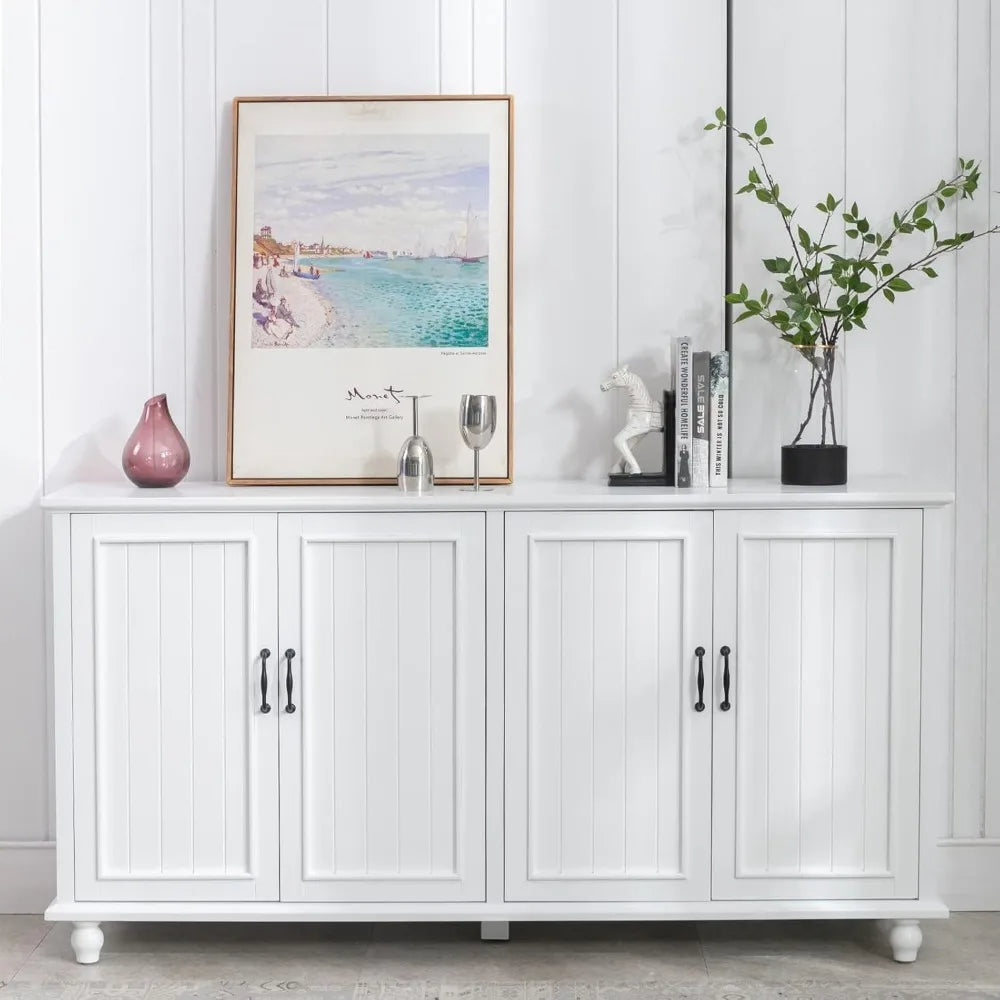 62 Inch Coffee Bar Cabinet Kitchen Buffet Storage Cabinet Modern White Sideboard with 4 Doors and 2 Drawers - Happy Home Retreat