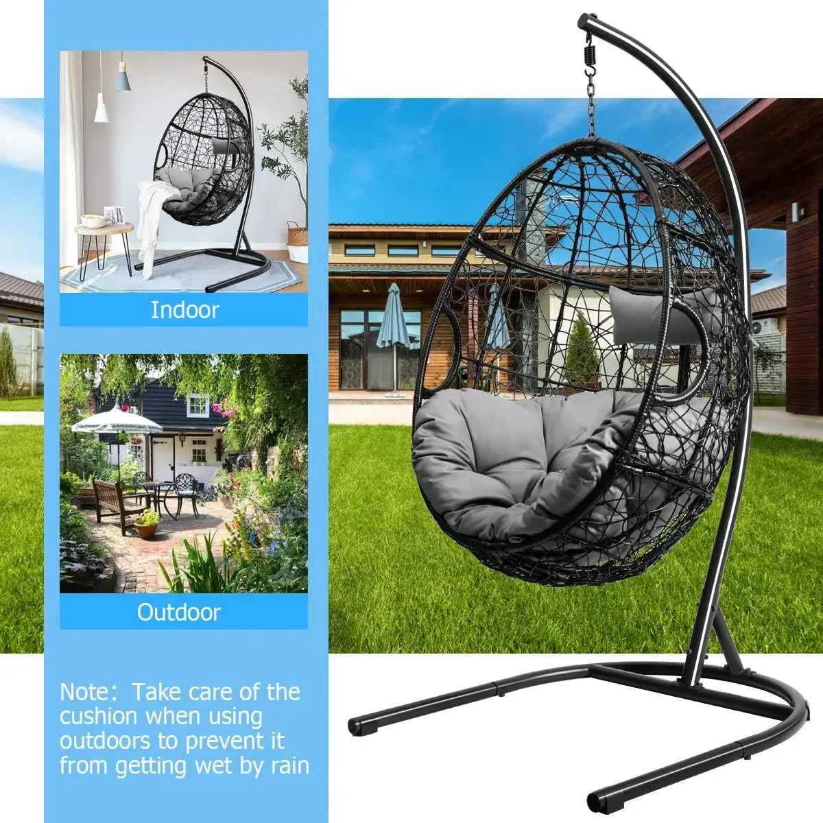 Hanging Egg Chair 36.5 Width Oversized Swing Chair with C Hammock Stand Set Soft Seat Cushion and Pillow Gray - Happy Home Retreat