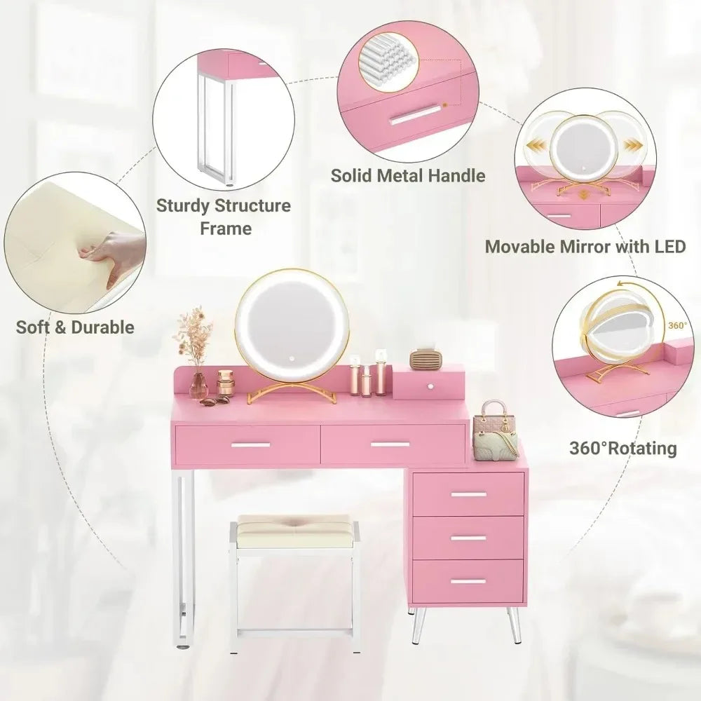 Pink Vanity Desk Set With Mirror And Lights 6 Drawers Cushioned Stool - Happy Home Retreat