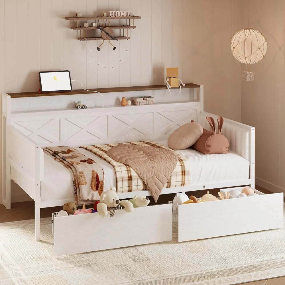 Twin Size Daybed with Storage Drawers Sturdy Metal Bed Frame with Charging Station Upholstered Farmhouse Daybed - Happy Home Retreat