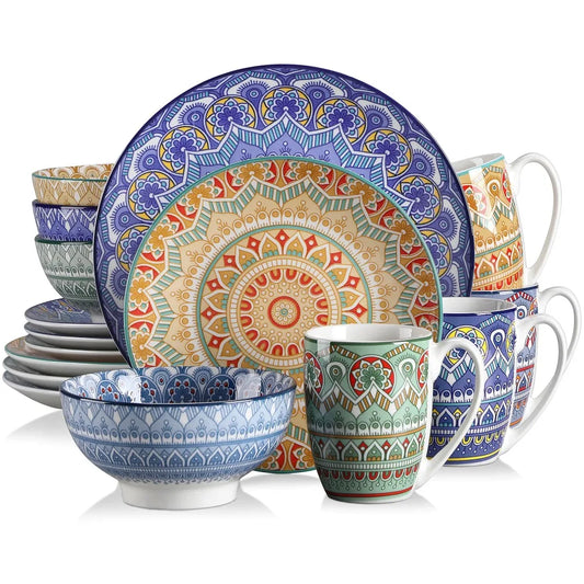 Vancasso 16PCS Ceramic Plate Porcelain Dinnerware Set Bohemian Mandala Patterned Dinner Plates Dessert Plates Bowls Mugs - Happy Home Retreat