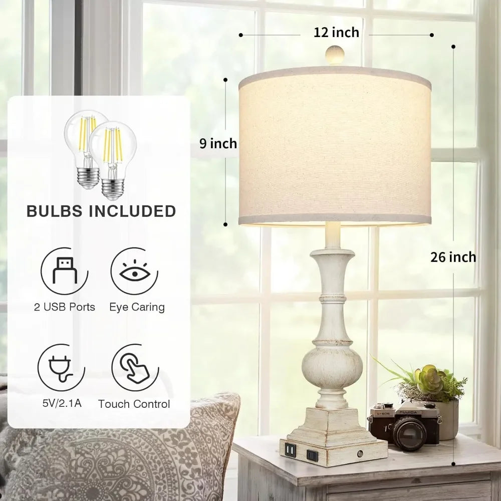 Customizable Farmhouse Table Lamps Set Of 2 Touch Control USB Ports AC Outlet - Happy Home Retreat